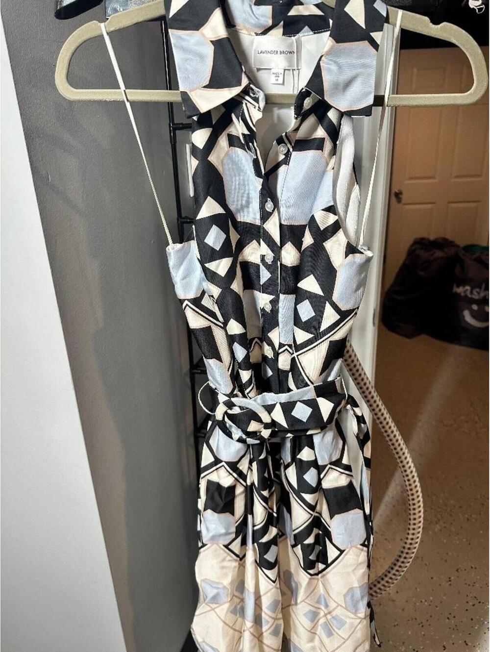 Lavender Brown Rayna Geometric Sleeveless Belted Midi Dress Blue Black Cream M N - Picture 2 of 5